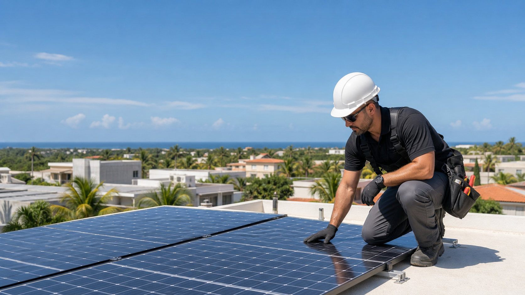Tecnico revisando paneles solares en techo residencial